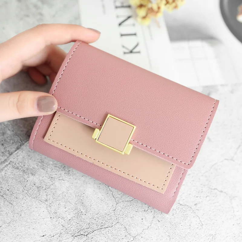 

Patchwork Short Women's Wallet Fashion Square Clutch Money Credit Multiple Card Holders Metal Buckle Tri-Fold Ladies Coin Purse