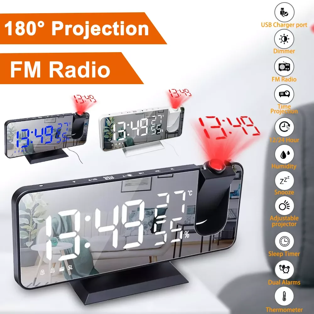 

NEW LED Digital Projection Alarm Clock Table Electronic Alarm Clock with Projection FM Radio Time Projector Bedroom Bedside Cloc