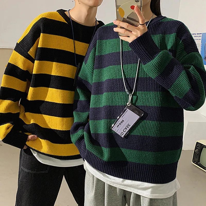 

Autumn Winter Striped Sweater Unisex Warm Long Sleeve Streetwear Knitted Oversized Sweaters Female Round Neck Casual Jumpers