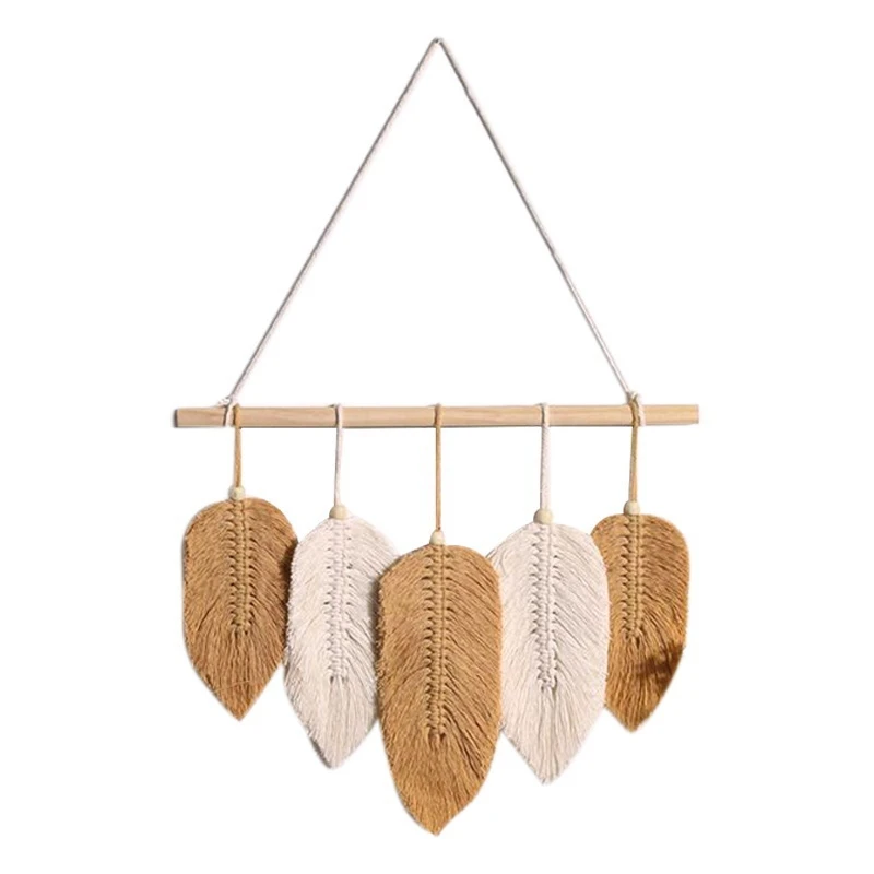 

Handmade Macrame Leaf Wall Hanging Tapestry Cotton Feathers Woven Leaves Door Porch