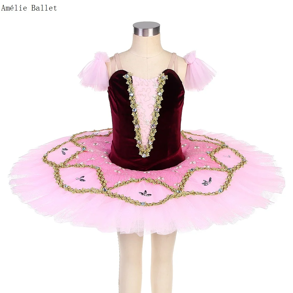 

BLL524 Burgundy Velvet Bodice with Pink Pancake Tutu Pre-Professional Ballet Costume Girls & Women Ballerina Performance Dresses