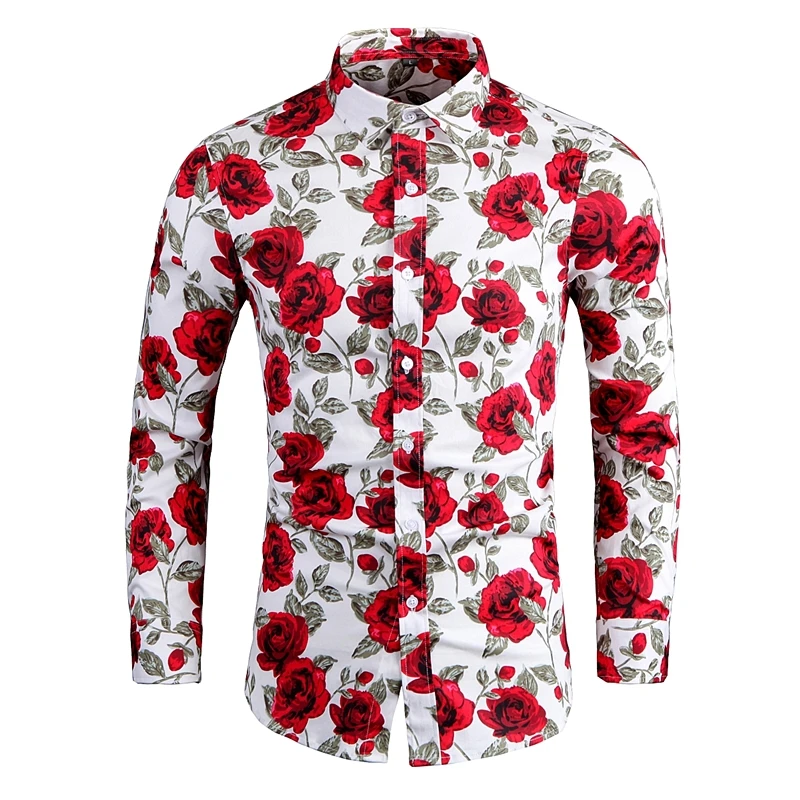 

High Quality Men Cotton Hawaiian Shirt Rose Flowers Funny Printed Button-Down Long Sleeve Regular Fit Blouse USA Size XS-2XL