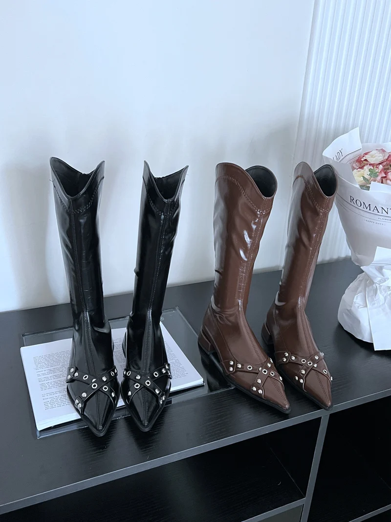 

Brand Designer Woman Mid Calf Boots Fashion Square Low Heel Ladies Long Boots Pointed Toe Shoes 2023 Winter Women's Boots