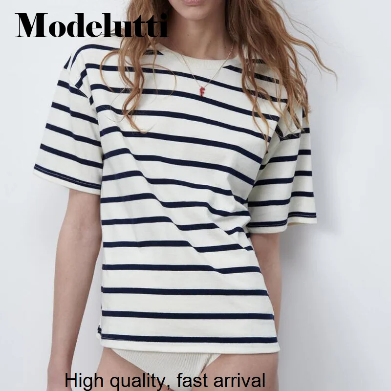 

Женская хлопковая футболка в полоску, универсальная Свободная Повседневная футболка с круглым вырезом и коротким рукавом, лето 2023
