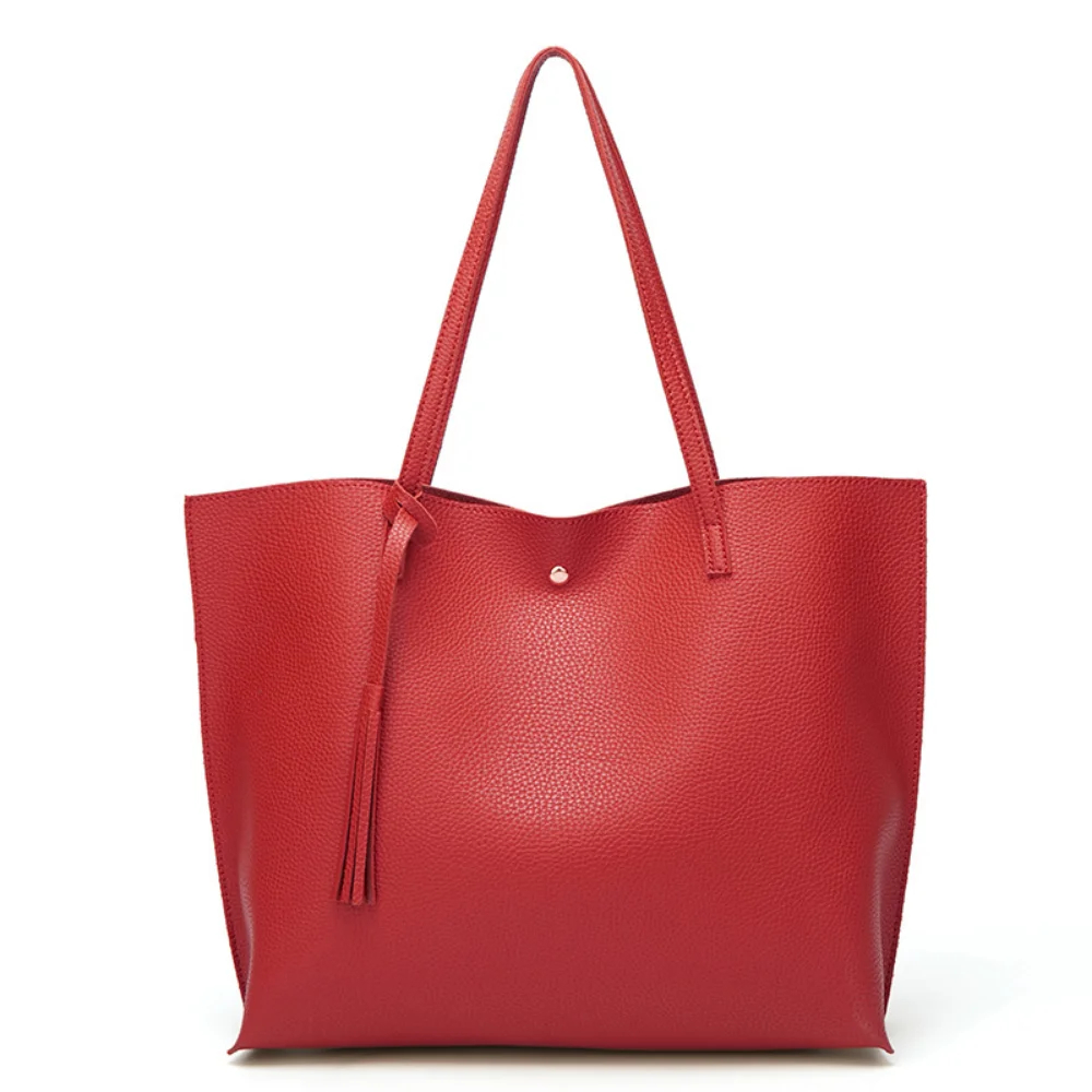 Solid Color PU Leather Tote Bags Women Luxury Designer Fashion Tassels Handbag Female Large Capacity Simple Shoulder Shopper Bag