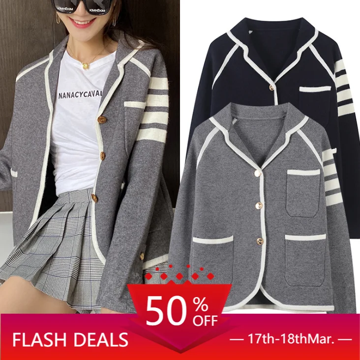 New spring and autumn fashion temperament loose British style gray TB knitted suit jacket women suit jacket