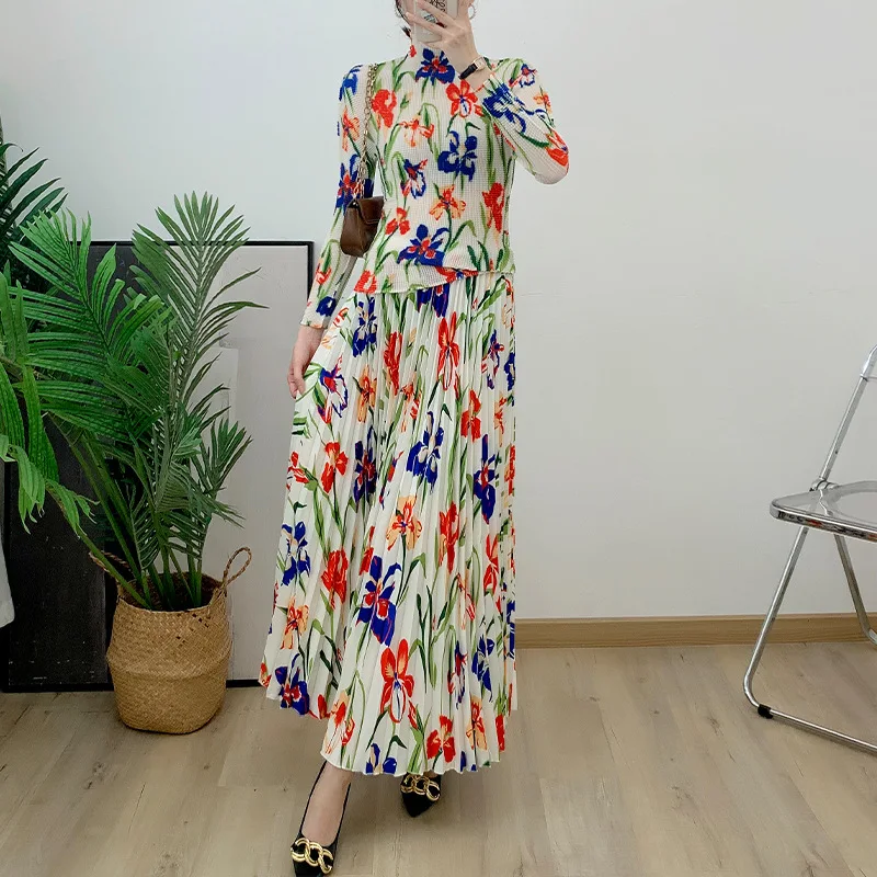 

Осень 2023, Новый Топ с длинным рукавом с принтом + юбка с большим подолом, комплект из двух предметов