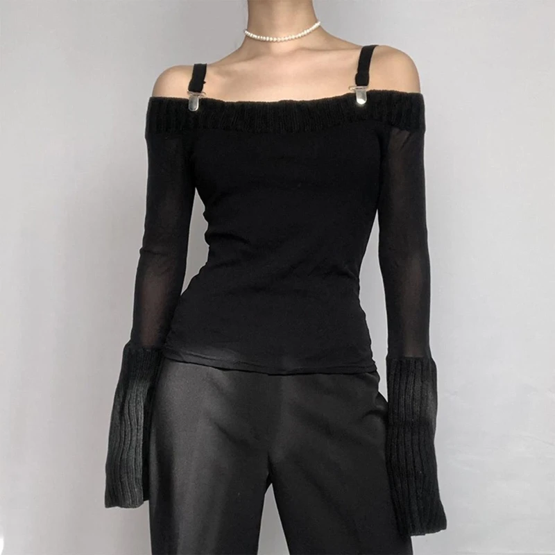 

Women Pullover Bodycon T-Shirt Mesh Long Sleeve Off Shoulder Top with Metal Clip