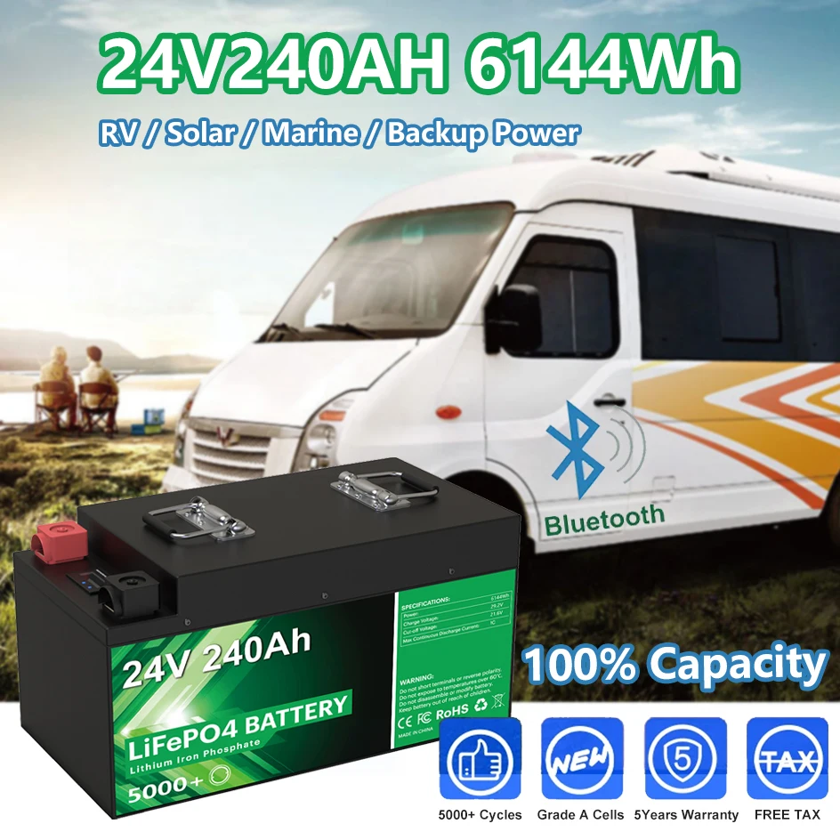24V 240Ah 200Ah LiFePO4 Battery Pack 25.6V 6144Wh 5000+ Cycle 100% Full Capacity Built-in 8S 200A BMS With Bluetooth EU NO TAX