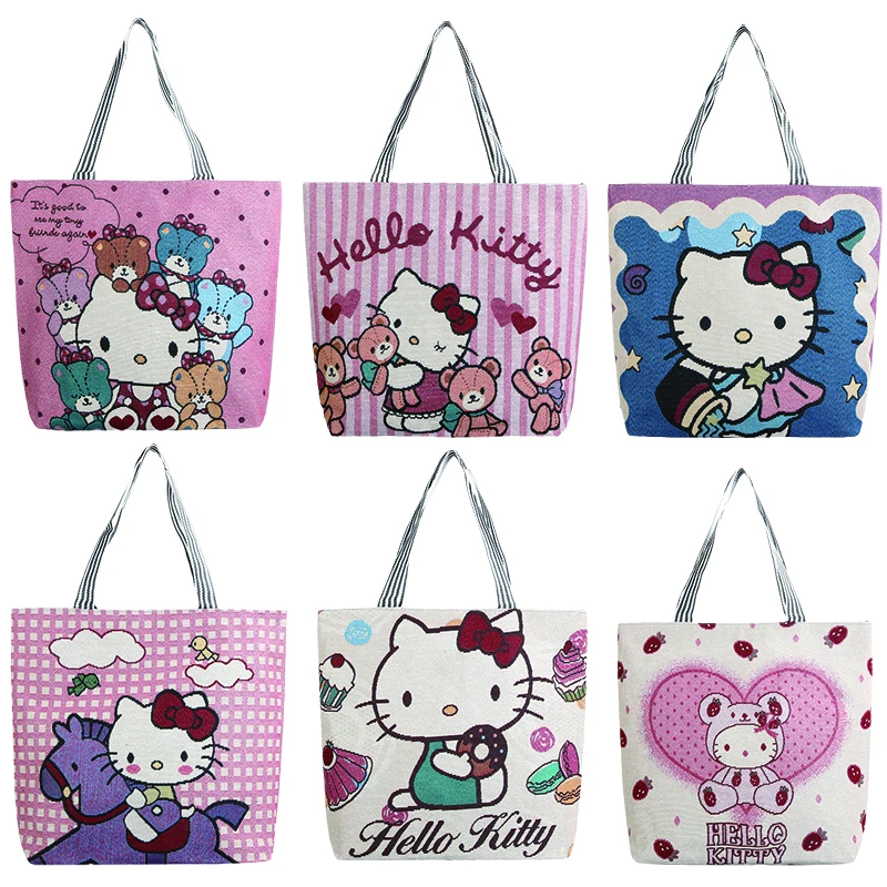 

Hello Kitty Canvas Bag Jacquard Embroidered Anime Bag Kawaii Shoulder Bag Women's Handbag Student Shopping Bag Birthday Gift