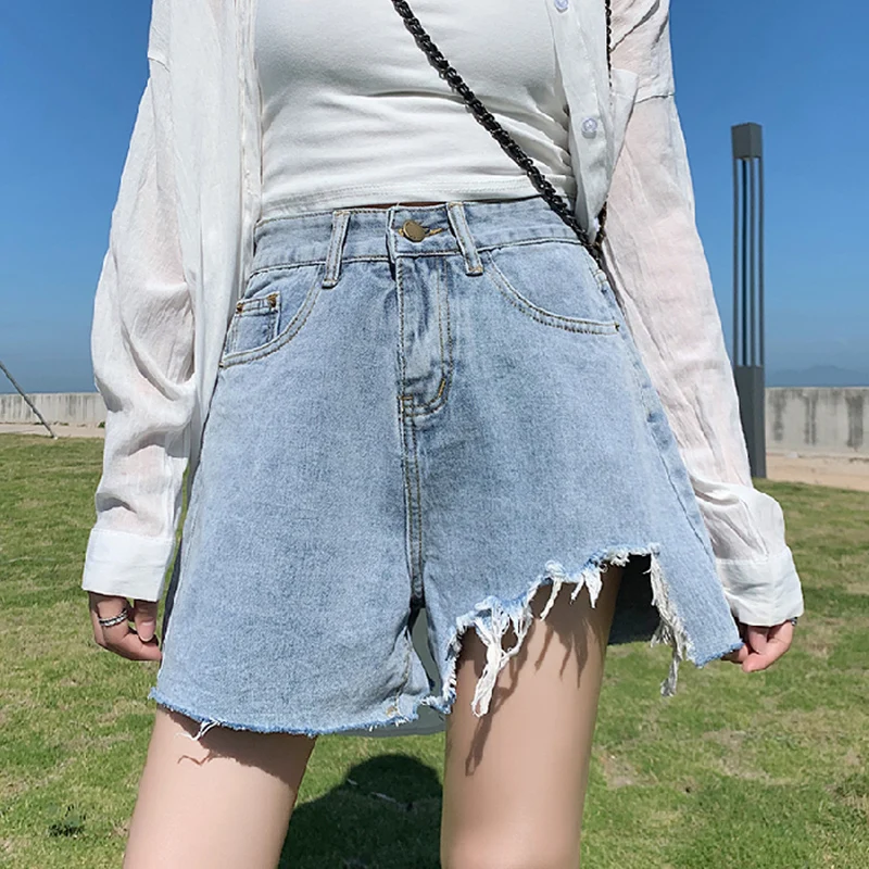 Plus Size 5XL Lady New Solid Color Hole Sexy Blue Jeans 2021 Summer New Women Casual High Waist Irregular All-Match Denim Shorts