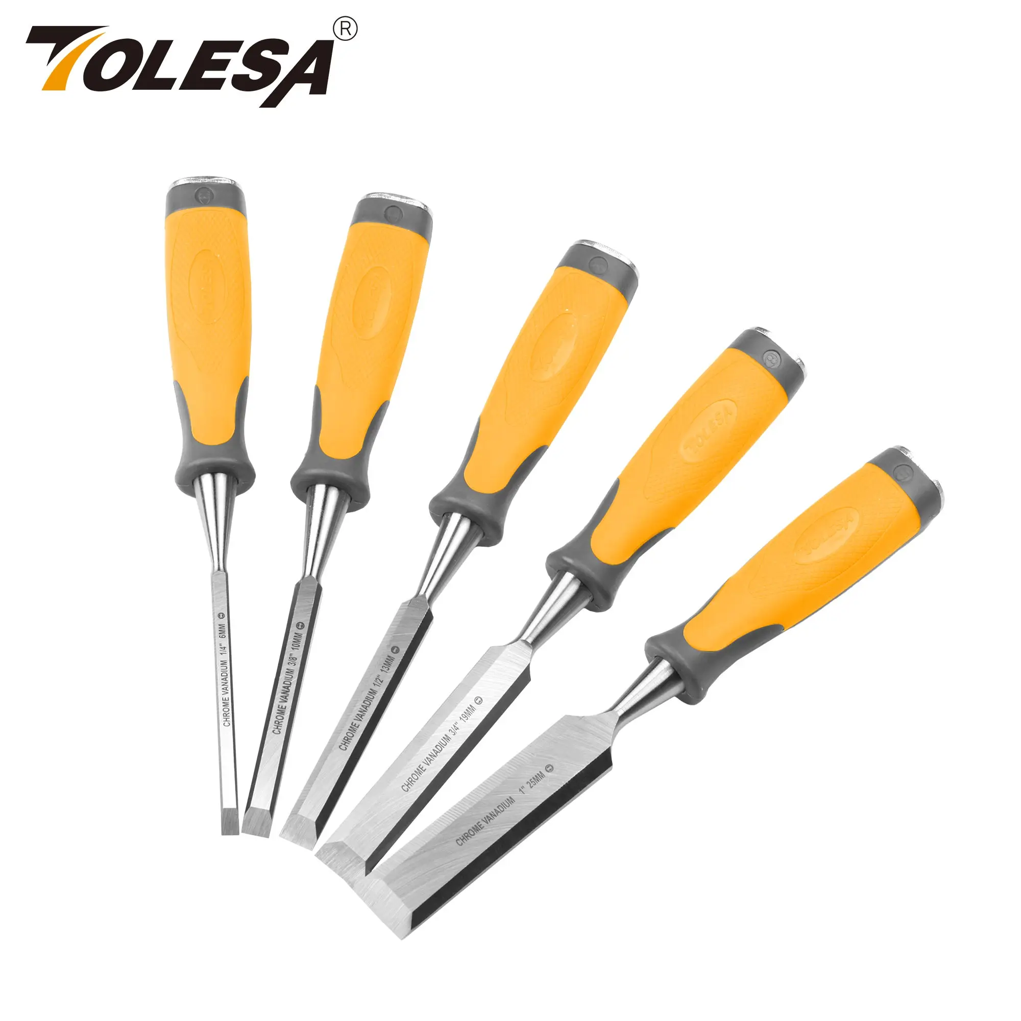 TOLESA 5PCS Chisel Set for Wood Cr-V and Soft Grip with Hamm