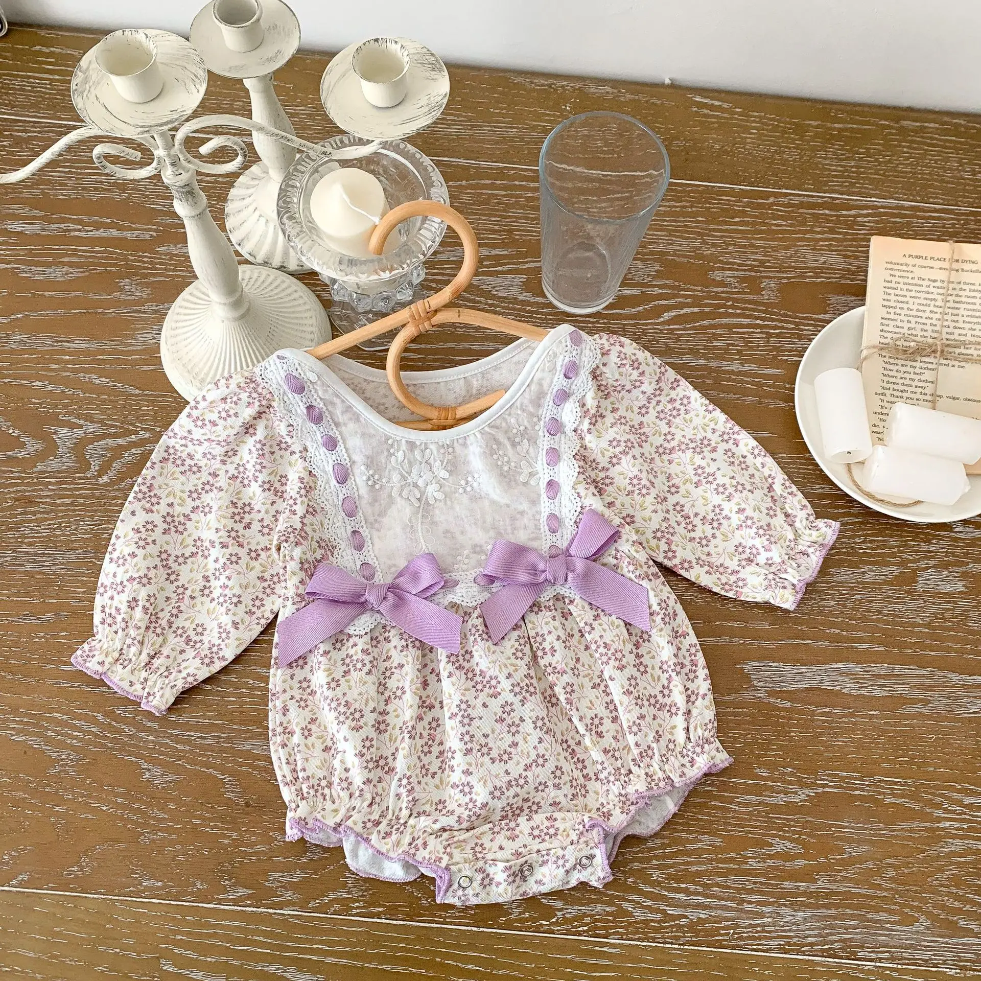 

Autumn baby girl printed triangle romper newborn long-sleeved lace bag fart dress small floral jumpsuit bow