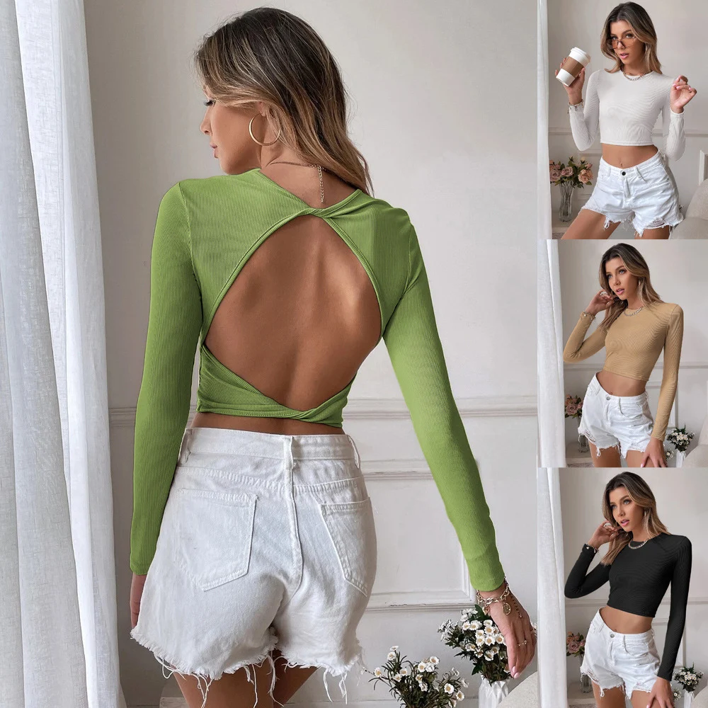 

Summer Women Backless T-Shirts Long Sleeve Cut Out Green Tees Pullover O-Neck Black Top Streetwear Y2K Crop Top