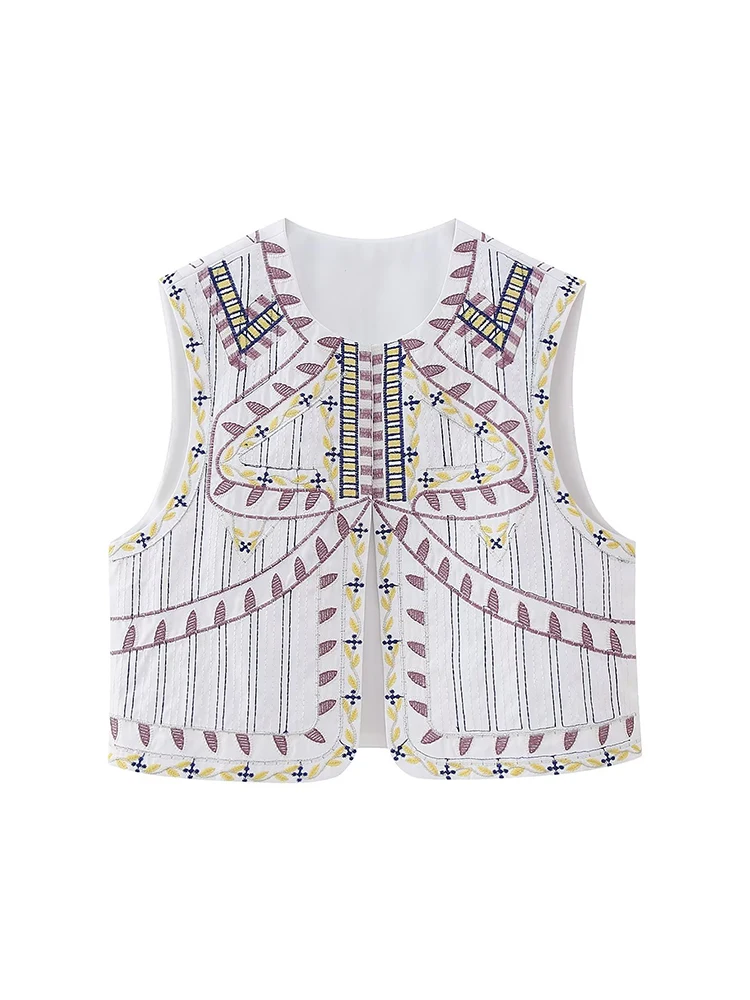 

YENKYE 2023 Women Open Front Striped Embroidered Vest O Neck Sleeveless Female Summer Crop Waistcoat