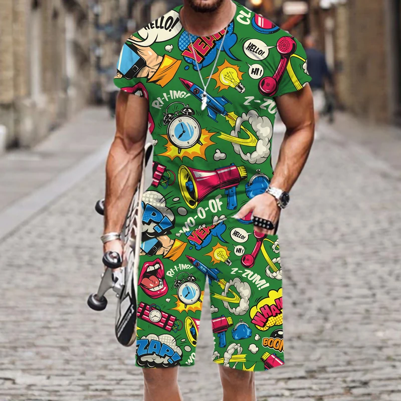 Men's T-shirt Shorts Set Sportswear Boom Beach Fashion Casual O Neck Tracksuit Street 3D Printed 2022 New Short Sleeve Tops Tee