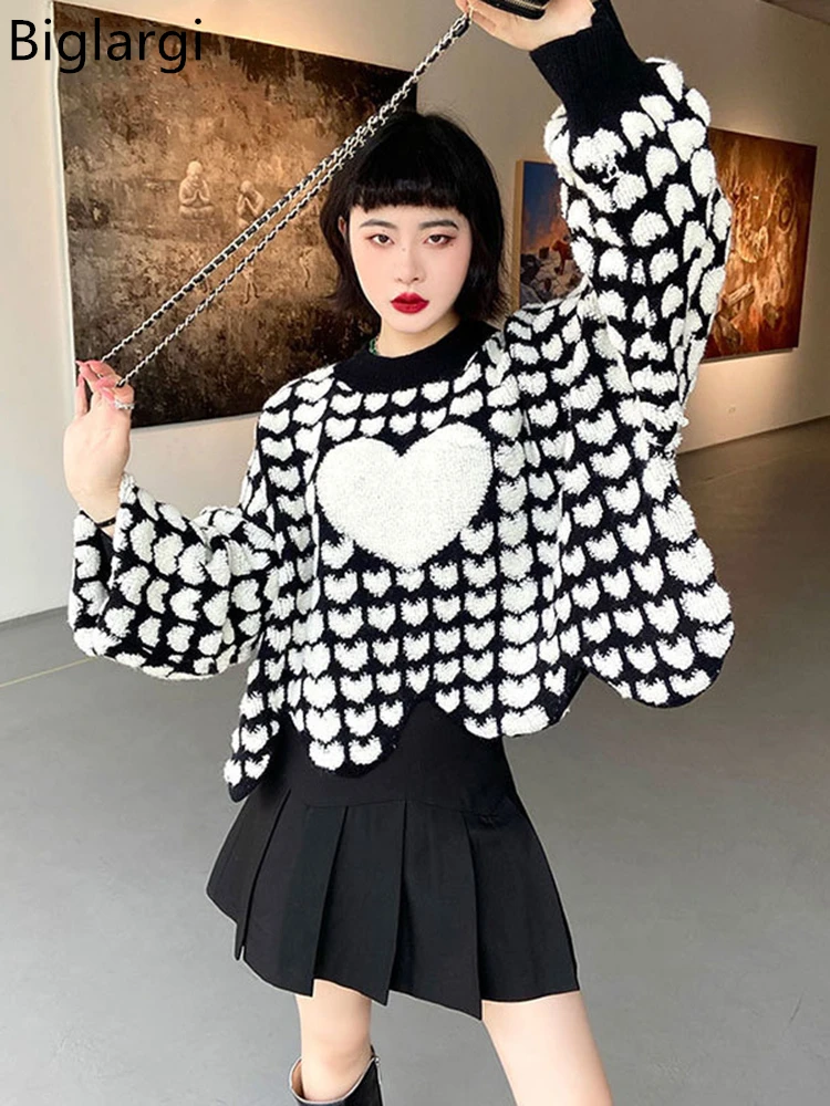 

Женский Асимметричный свитер в клетку, Свободный вязаный пуловер с сердечками, Осень-зима 2022