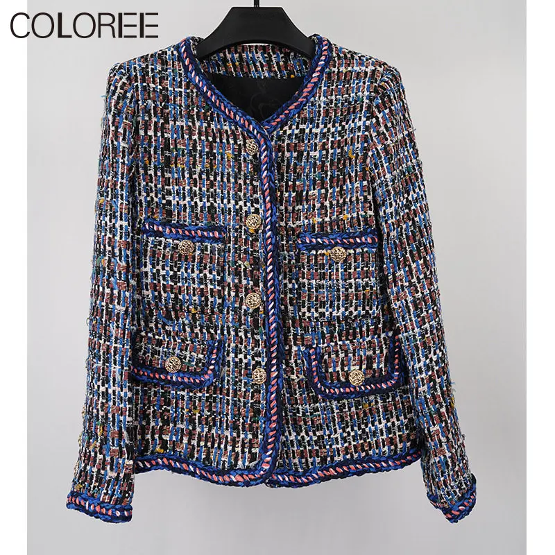 

Женская твидовая куртка в шотландскую клетку, фиолетовая винтажная куртка с золотыми пуговицами, свободная куртка из смешанной шерсти в Ко...