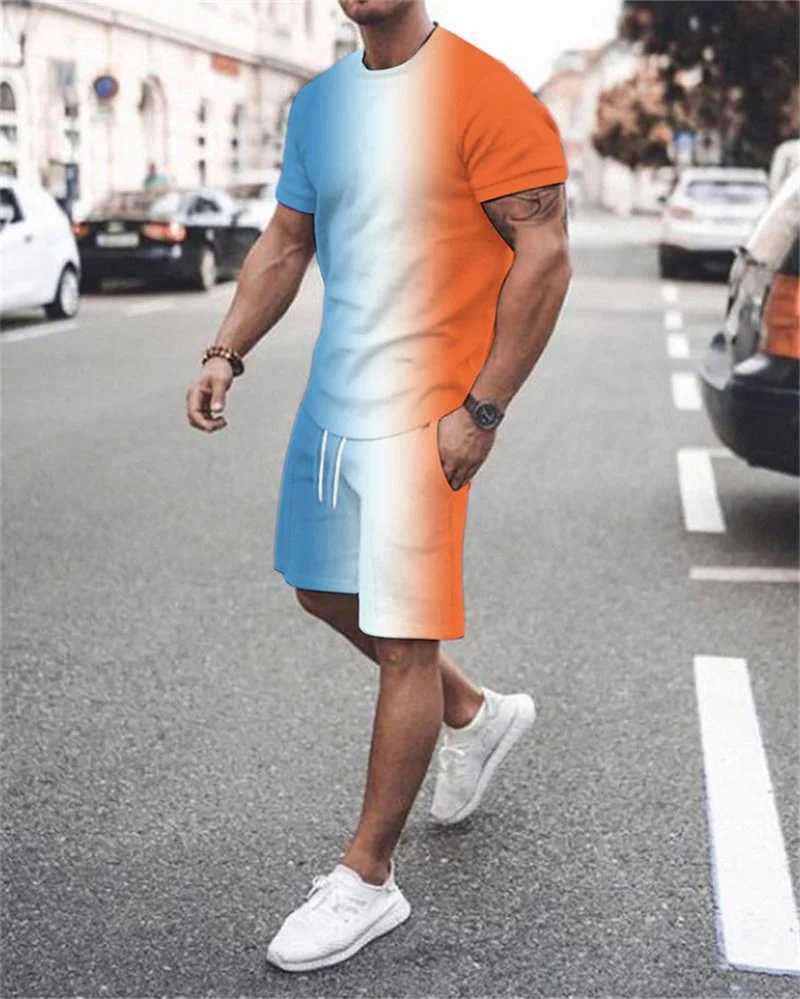 

Shorts Sleeved T-shirt Summer New Men Hip-hopfashion print Shorts 2-piece Harajuku Set High Street Casual Wear Outfit