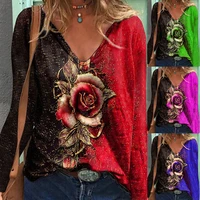 2022 ladies europe and america autumnwinter v neck 3d rose long sleeve loose t shirt fashion street print rose pattern top