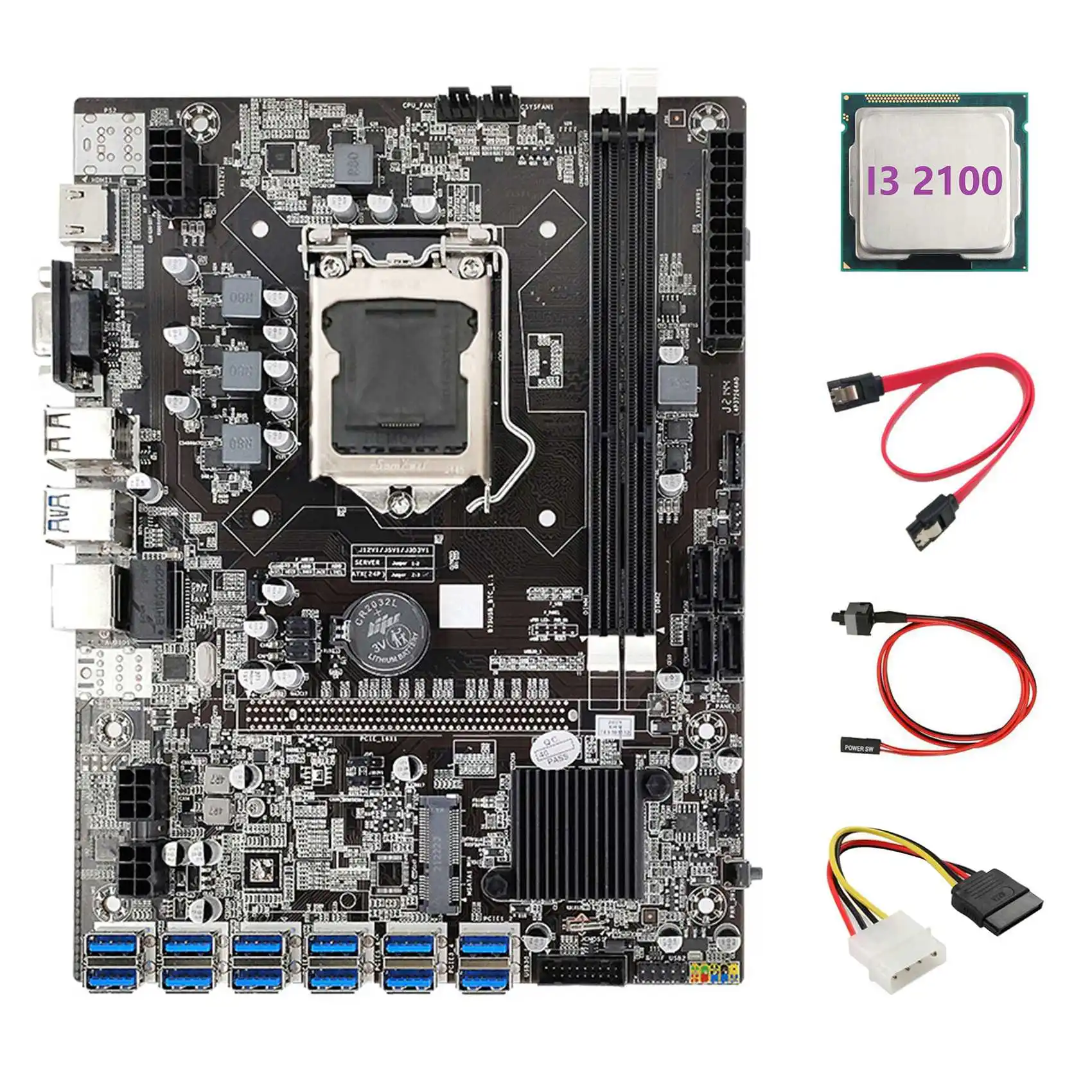 

B75 ETH Miner Motherboard 12 PCIE to USB+I3 2100 CPU+4PIN IDE to SATA Cable+SATA Cable+Switch Cable LGA1155 Motherboard