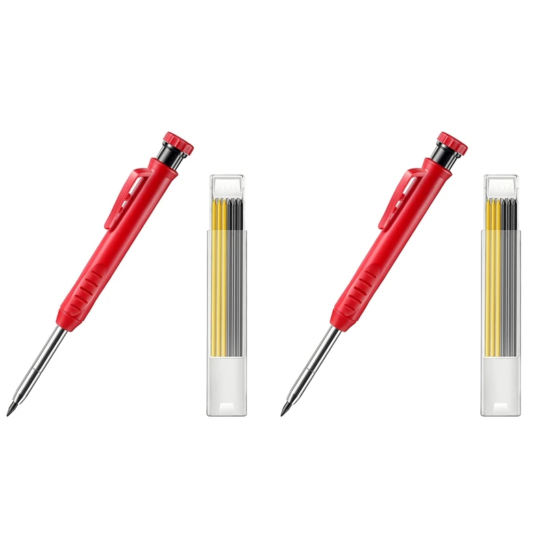 

2X Solid Carpenter Pencil Set with 7 Refill Leads, Built-in Sharpener, Deep Hole Mechanical Pencil Marker Marking Tool