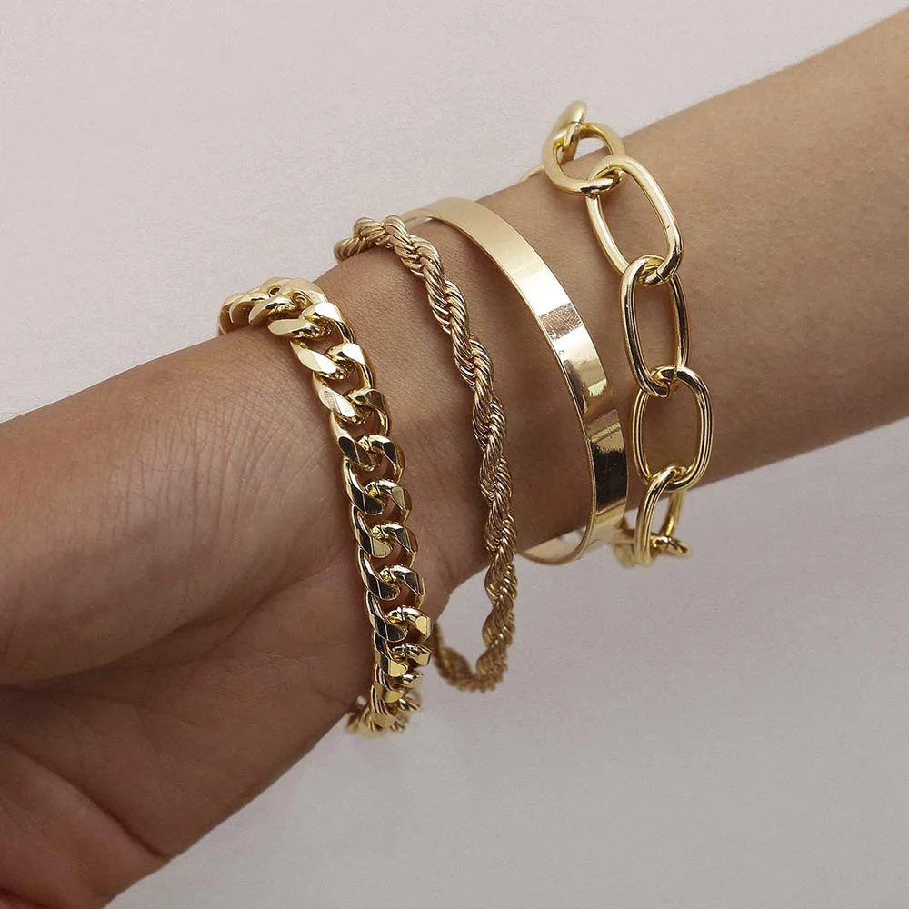 

4pcs /set Boho Thick Gold Color Charm Bracelets Bangles 2022 Fashion Jewelry Punk Curb Cuban Chain Bracelets Set For Women Gifts