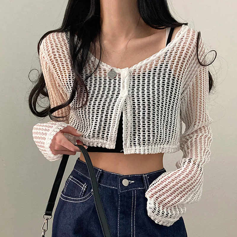 

Fishnet Hollow Long Sleeve Cardigan Women's 2022 New Women's Round Neck Sexy Perspective Short Sweet and Spicy Tops