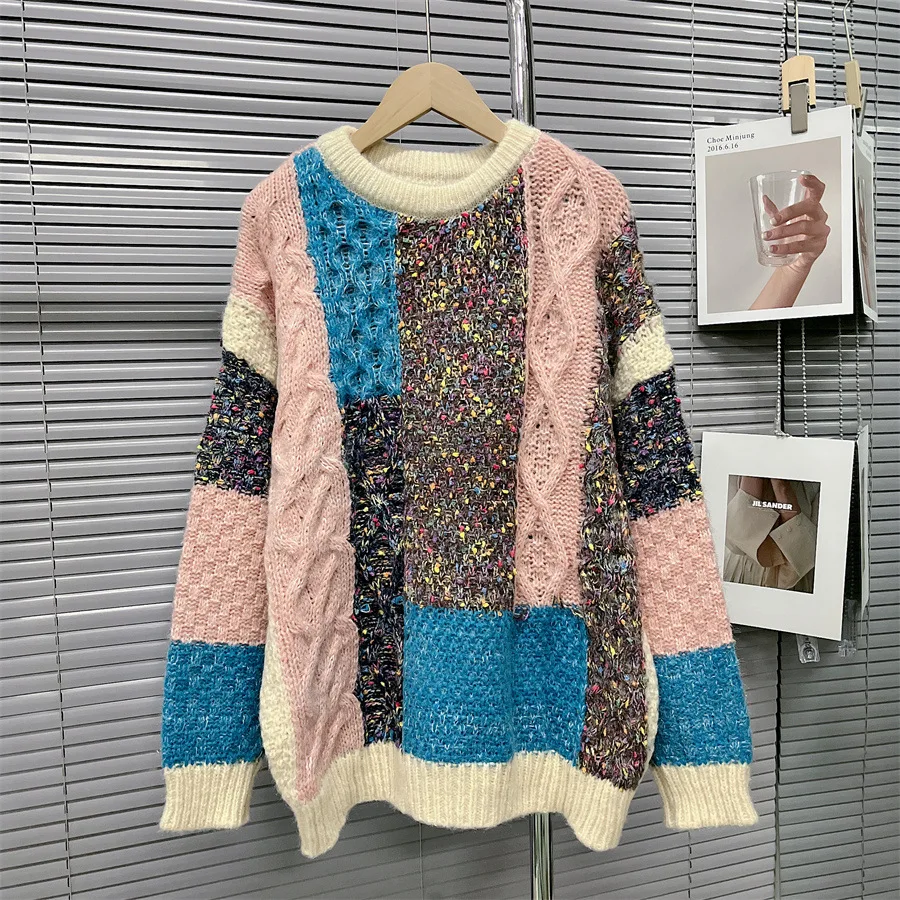 

Check Contrast Twt Pullover Sweater Women's Fall/winter 2023 New Loose Korean Knitted Coat Long Sleeve Women Sweater Top Jumper