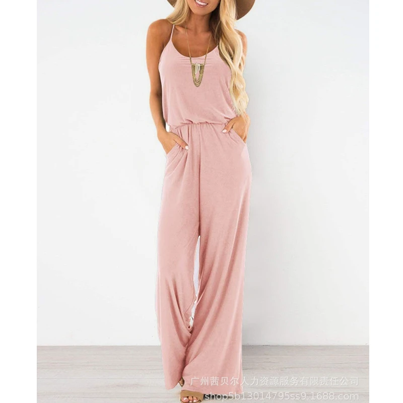 Women Jumpsuits Sexy Solid Color Gradient Color Loose Jumpsuits Women Casual O-Neck Backless Spaghetti Strap Wide Leg Jumpsuits