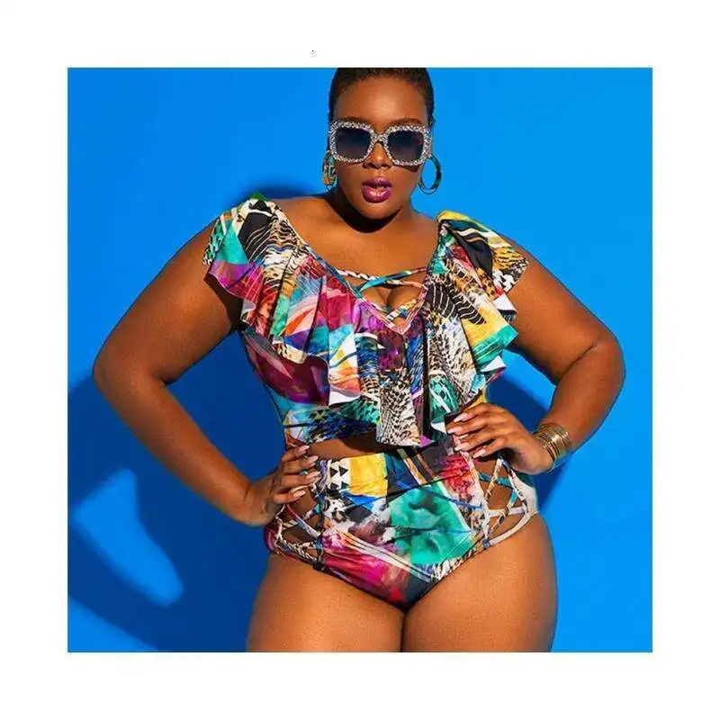

Split Swimsuit Womens Plus Size High Waist Print Sized Bikini Off Shoulder Multi Rope