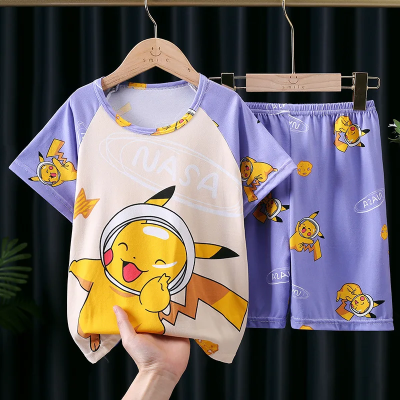 

Pokemon anime surrounding children pajamas summer short sleeved children clothing thin cartoon Pikachu summer home clothing set