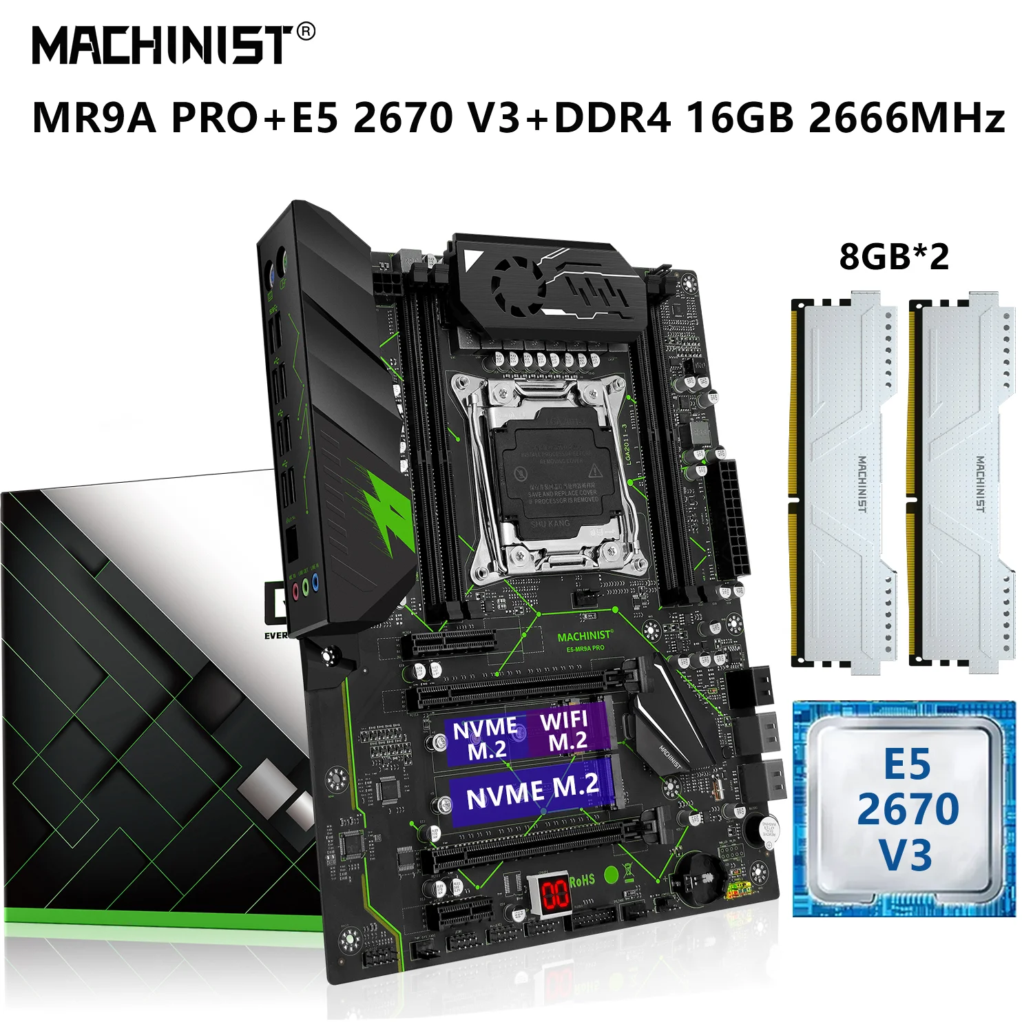 

MACHINIST MR9A PRO X99 комплект материнской платы Xeon E5 2670 V3 ЦП LGA 2011-3 процессор 16 ГБ = 2*8 ГБ DDR4 ОЗУ 2666 МГц память NVME M.2