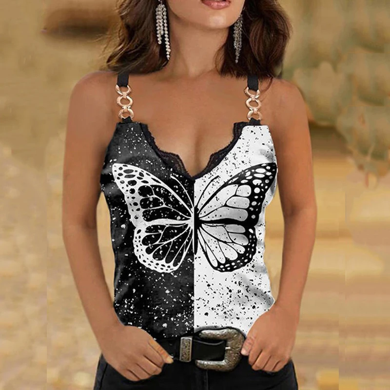 

2022 летняя Кружевная футболка с V-образным вырезом и принтом бабочки, женская модная облегающая футболка без рукавов, винтажные сексуальные ...