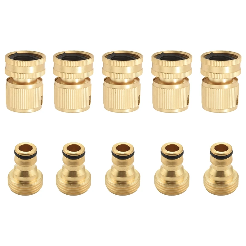 

A63I Garden Hose Quick Connectors Solid Brass 3/4 Inch GHT Thread Easy Connect Fittings No-Leak Water Hose Male Female Value 5 P