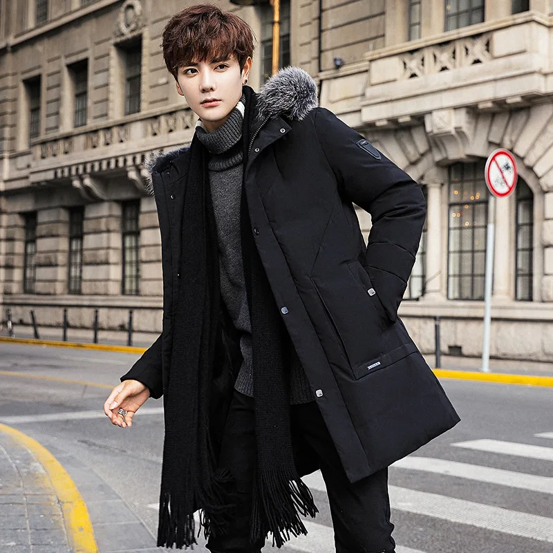 Autumn/Winter 2022 Men's long Down jacket 100% white eiderdown hooded large fur collar fashion youth coat