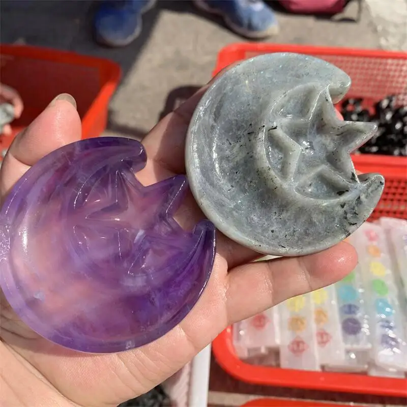 

1PC Natural Crystal Fluorite Labradorite Moon Star Bowl Quartz Bowl Carving Polished Crafts Home Decoration