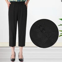 middle aged and elderly women caprsi pants elastic waist solid color loose straight calf length pants summer female baggy pants