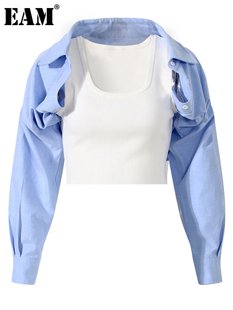 

[EAM] Women Blue Knitting Off Shoulder Short Blouse New Lapel Long Sleeve Loose Fit Shirt Fashion Spring Autumn 2023 1DE2632