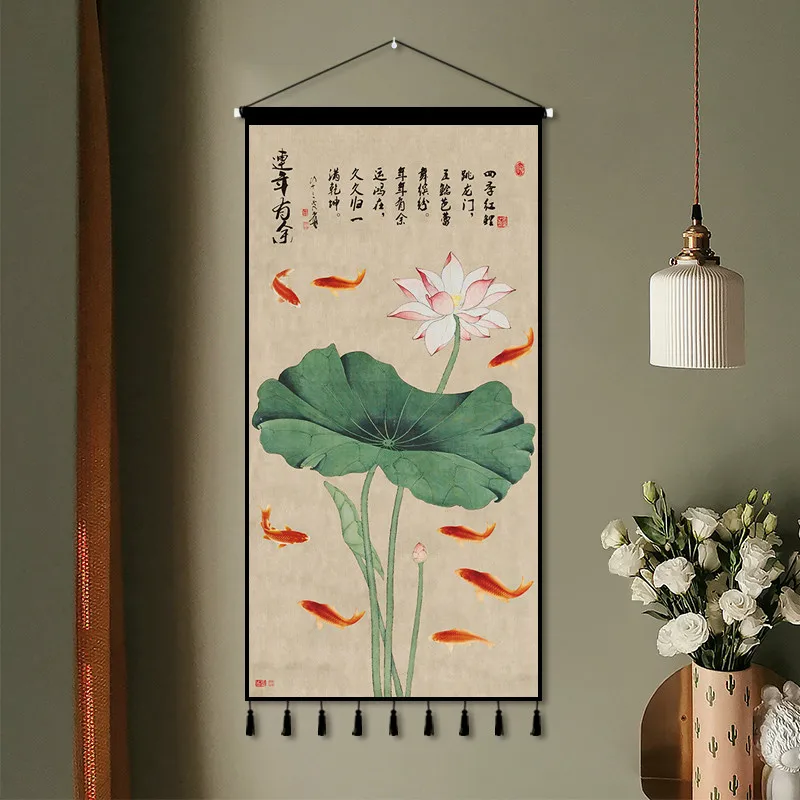 

Chinese Style Lotus Fabric Hanging Painting Zen Tapestry Wall Bedroom Living Room Entrance Decoration Cine Decoración Wall Art