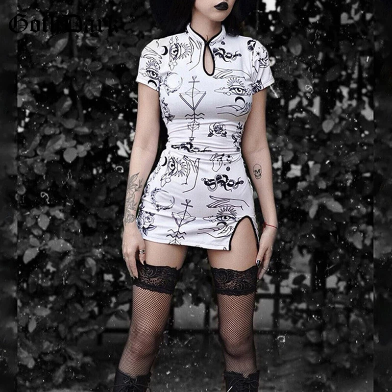 

Goth Dark Graphic Print Gothic Skull Women Mini Dresses Grunge Sexy Split Bodycon Chineses Cheongsam Short Sleeve Night Clubwear