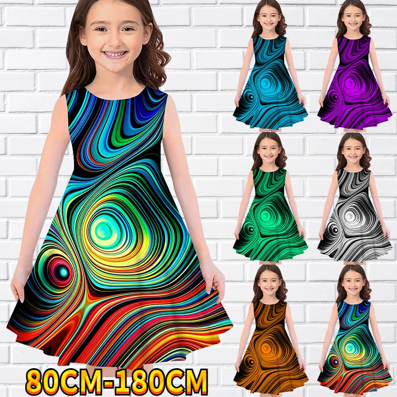 

2022 Kids Little Girls Sleeveless Dress 3D Kids Rainbow Print Daily Casual Cute Sweet Over Knee Sleeveless Dress 80-180CM