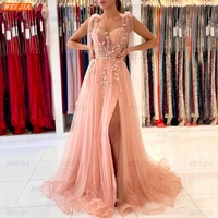 bohemian pink prom dresses for women vestidos de fiesta largos elegantes de gala a line tulle appliqued zipper formal party gown