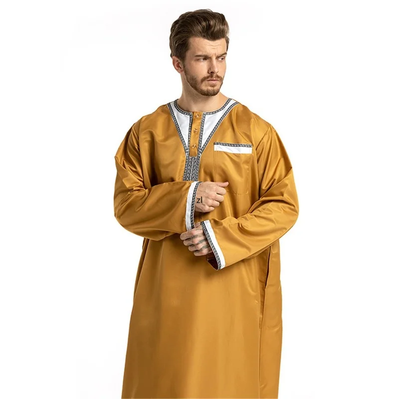 Men's Muslim Robe Daily Casual Commuter Middle East Arabian Round Neck Stitching Long Sleeve Muslim Hui Robe For Men Africa