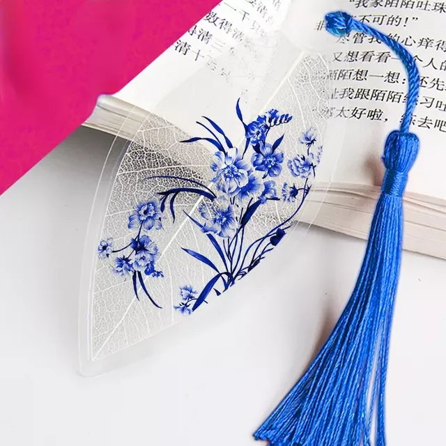 

Chinese Archaic Bookmark with Tassels Pretty Blue and White Porcelain Leaf Vein Gift for Friend Student School Supplies