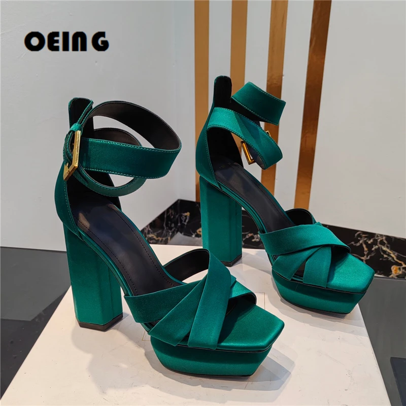 

Summer Women Prism Heel Platform sandals Square Open Toe Satin Sandals Wraparound Pin-buckle Ankle Straps Shoes Zapatos De Mujer