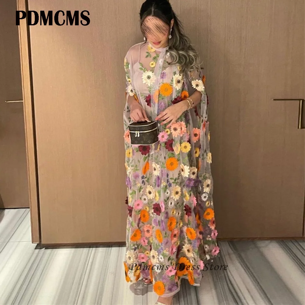 

PDMCMS Flower Tulle Cape Prom Dresses Simple Ankle Length Evening Dress Formal Occasion Vestidos De Fiesta Elegantes Para Mujer