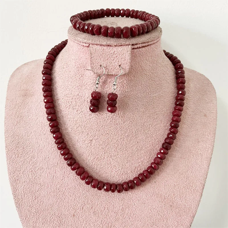 

Faceted 5*8MM Deep Red Ruby Natural Stone Jewelry Sets Bead Necklace Earrings Bracelet Chain Choker Simple Design Party Boho