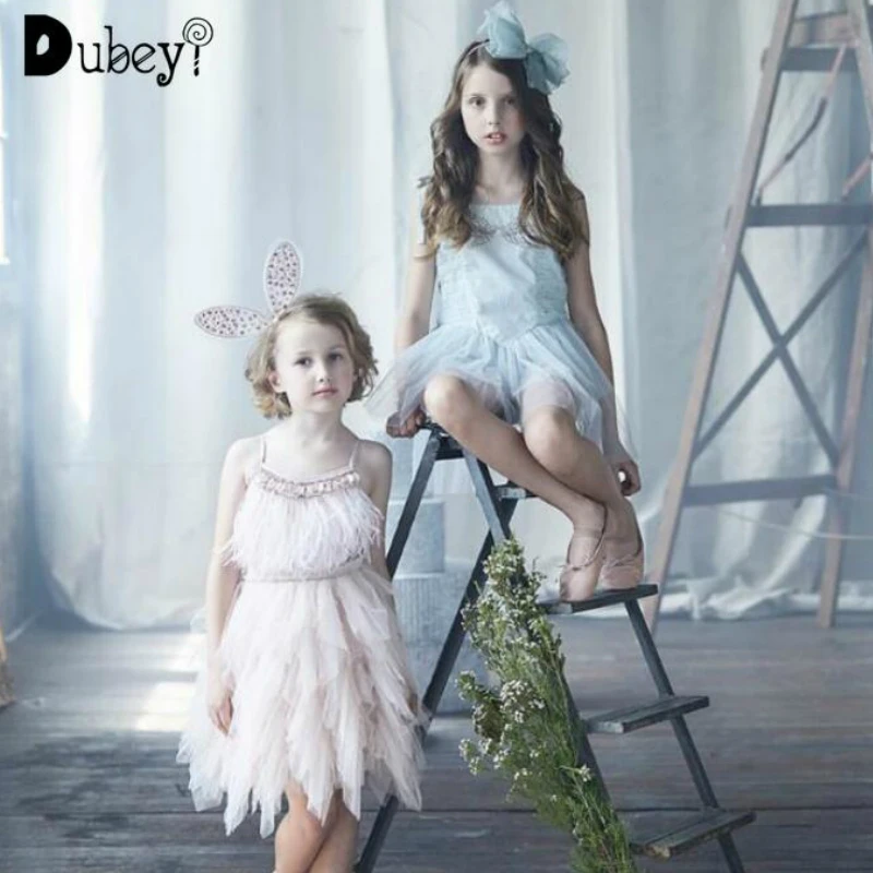 Платье с подтяжками и перьями для девочек бутиковое платье бисером блестками