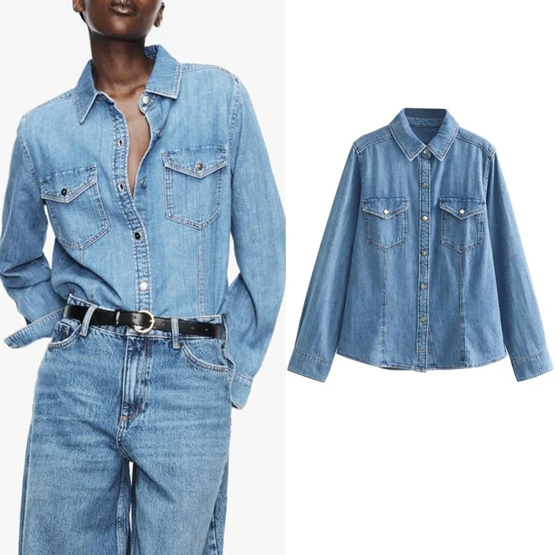 

TRAF Blue Vintage Denim Shirt For Woman Korean Style Lapel Collar Long Sleeves Straight Blouses Pockets Front Button Up Shirts